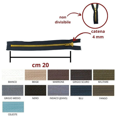 Cerniera lampo per jeans 20 cm ottone catena 4 mm articolo 1183/1/20