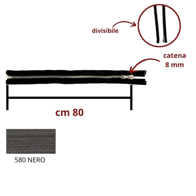 Cerniera lampo spessa metallo alpacca 80 cm divisibile catena 8 mm