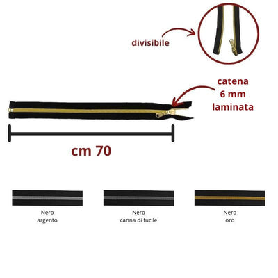 Cerniera lampo spirale laminata 70 cm divisibile catena 6 mm