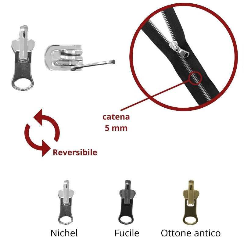 Reversible zip slider (double face) 5 mm metal chain