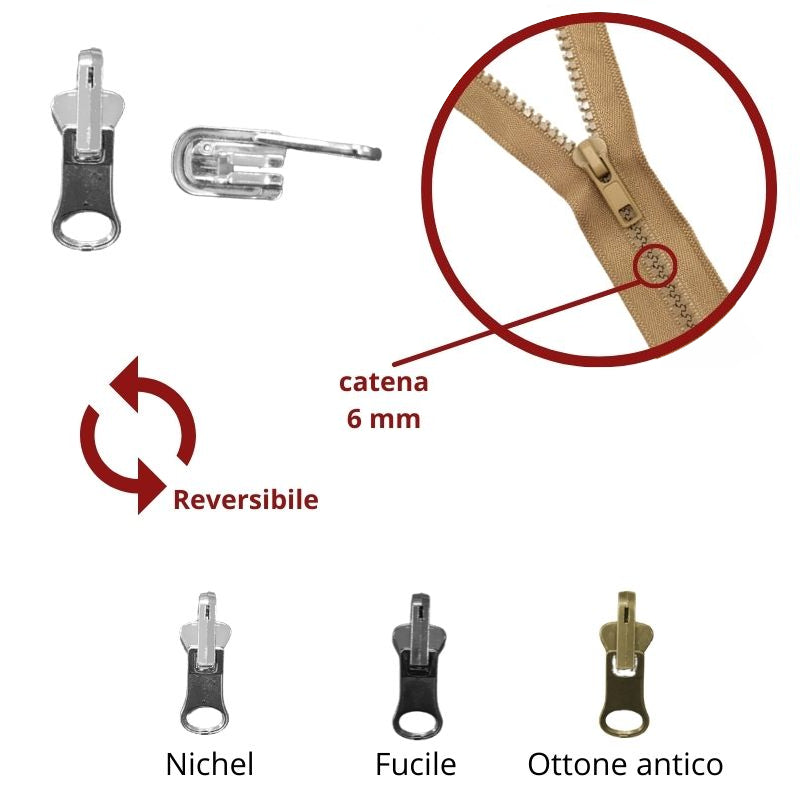 Reversible chain zip slider (double face) plastic 6 mm carriage