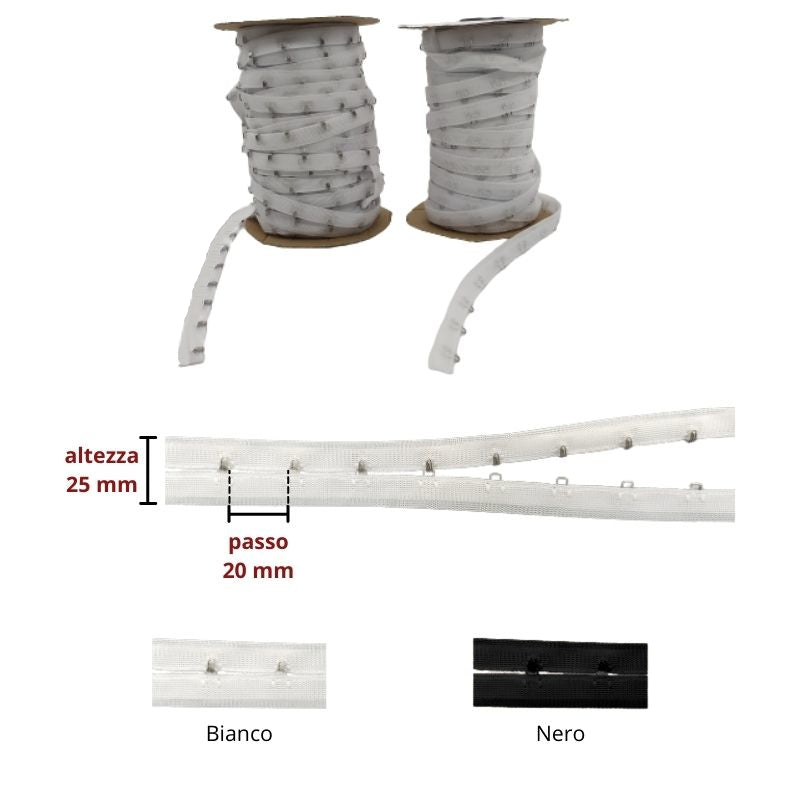 Nastro h 25 mm poliestere 100% a 1 gancio a uncinelli articolo 335