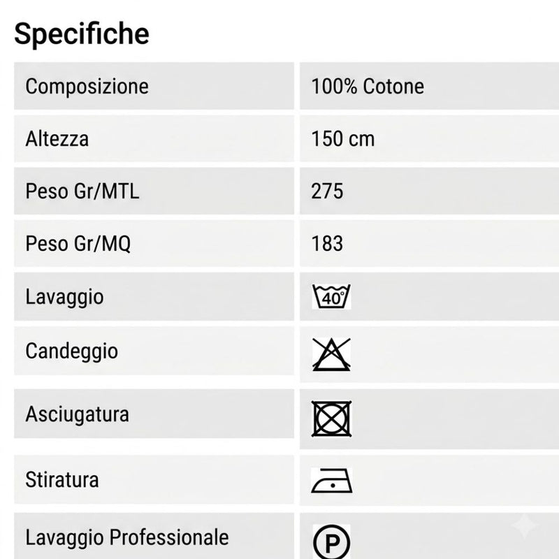 Tabella taglie e colori