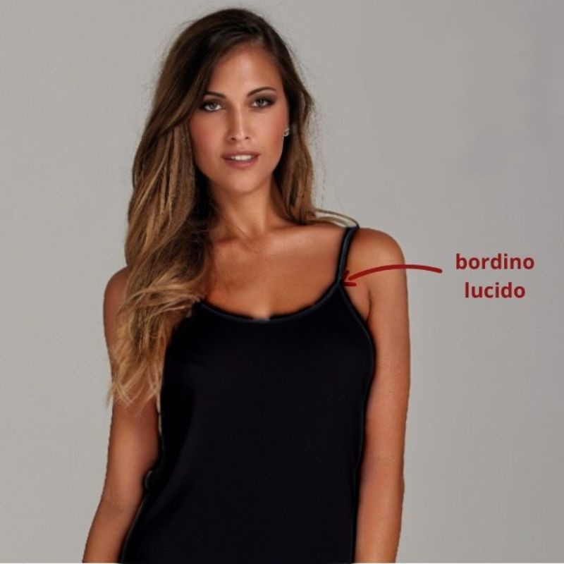 Top donna spalla stretta 100% cotone costina 1/1 con bordo lucido articolo 2005 / Nero